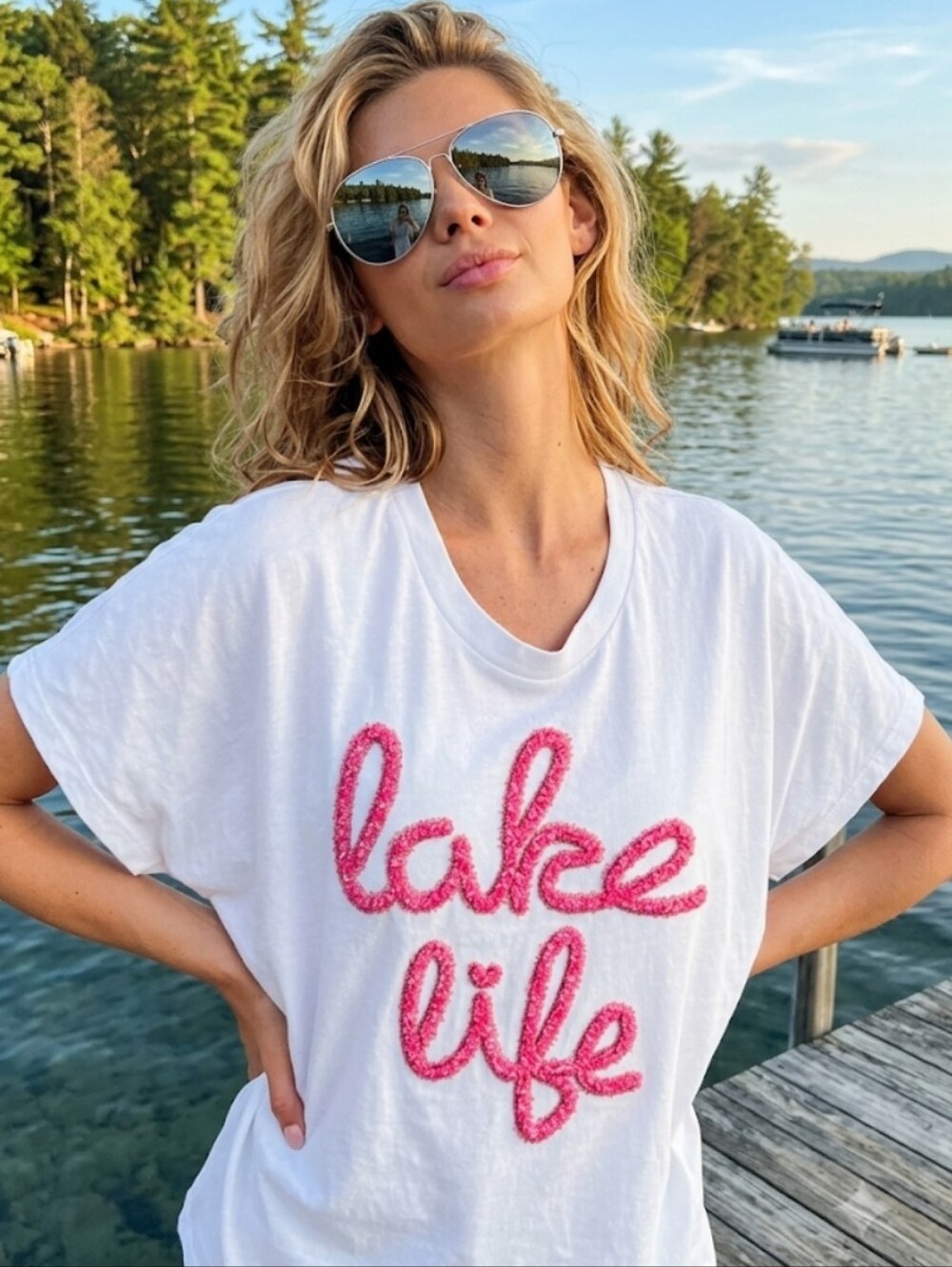 BiBi White Short Sleeve Tee with Pink 'lake life' Script
